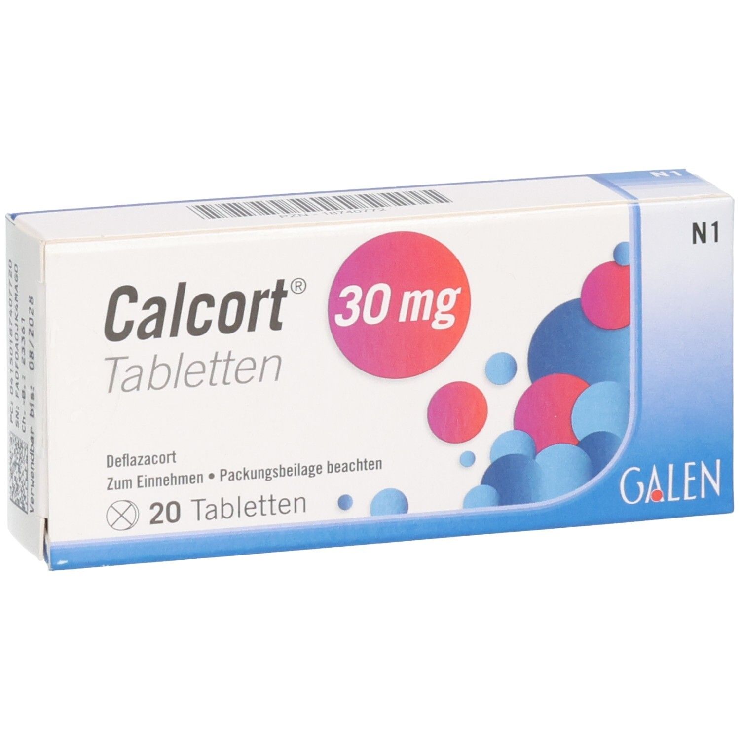 Calcort 30 mg Tabletten Schachtel mit 20 Tabletten.