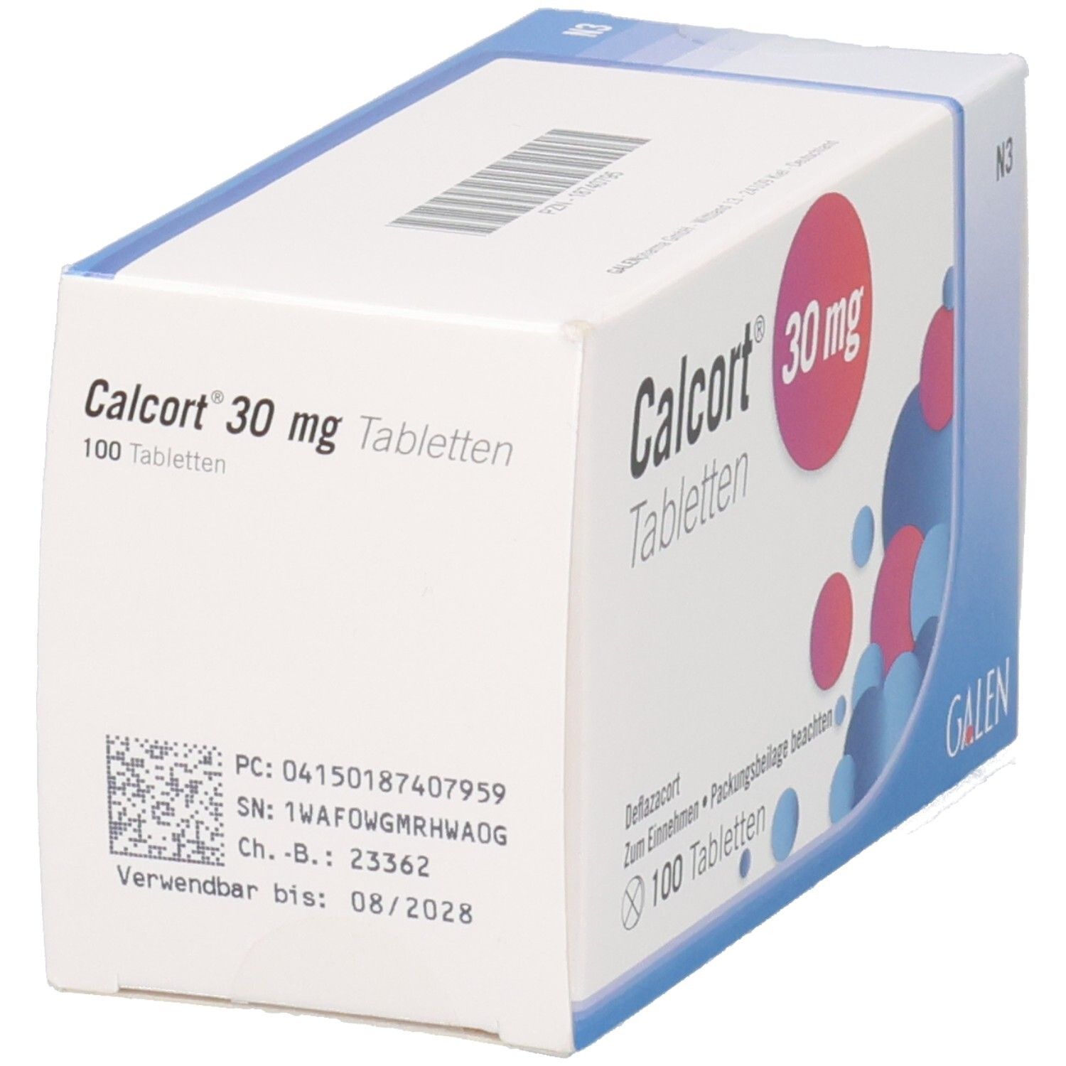 Calcort 30 mg Tabletten Schachtel mit Chargennummer und Verfallsdatum.