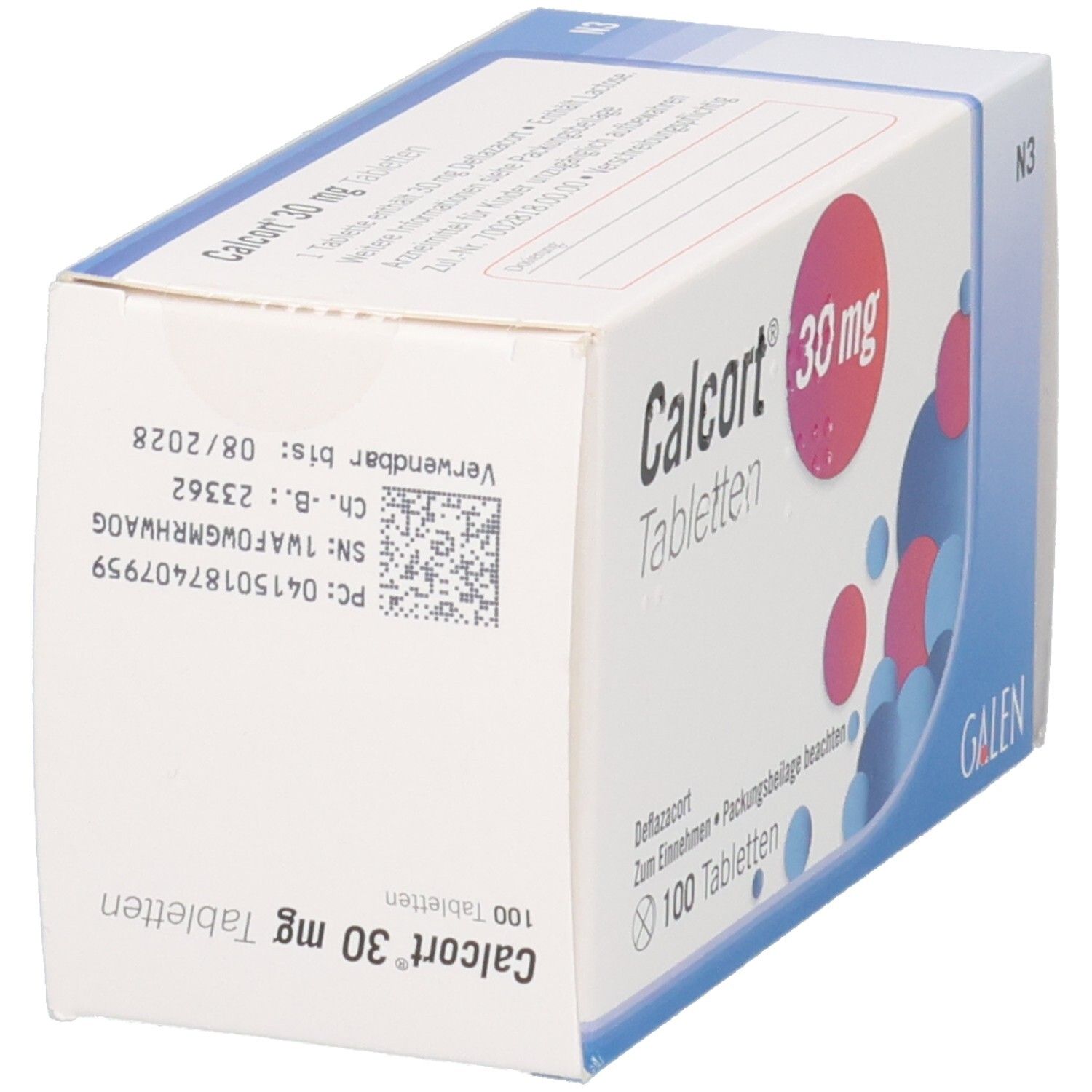 Calcort 30 mg Tabletten Schachtel mit Chargennummer und Verfallsdatum.