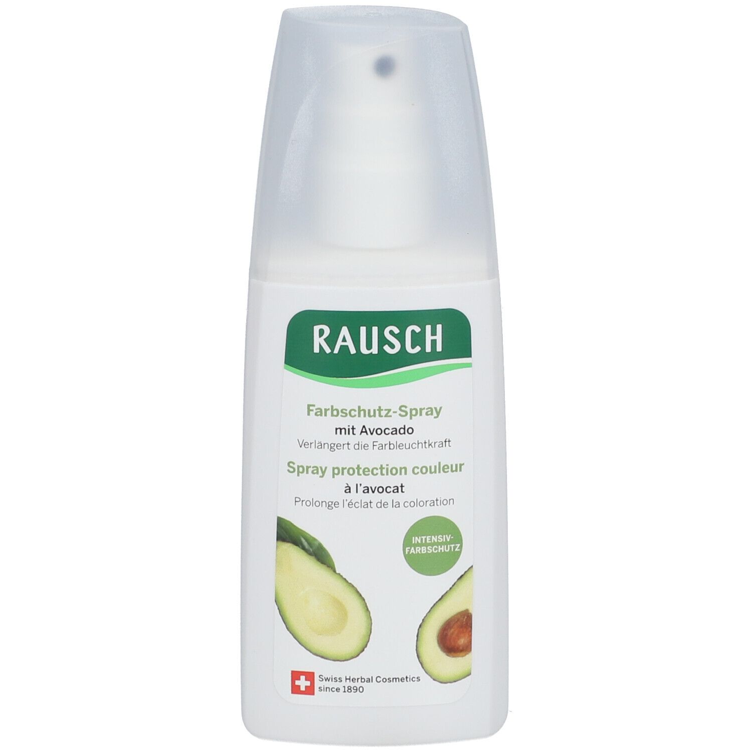 Sprayflasche mit Avocado-Abbildung und Text: RAUSCH Farbschutz-Spray. Grün-weiße Verpackung, Sprühkopf.