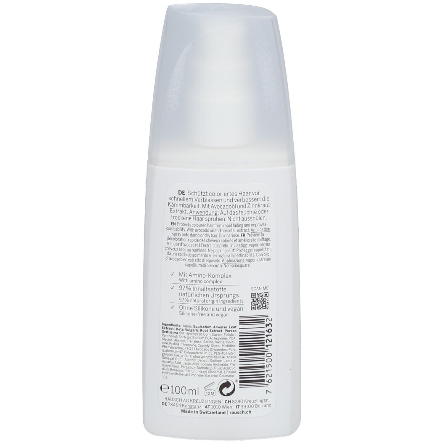 Rückseite der Sprayflasche. Textinformationen, QR-Code, Inhaltsstoffe, Logo, Schweizer Kreuz.