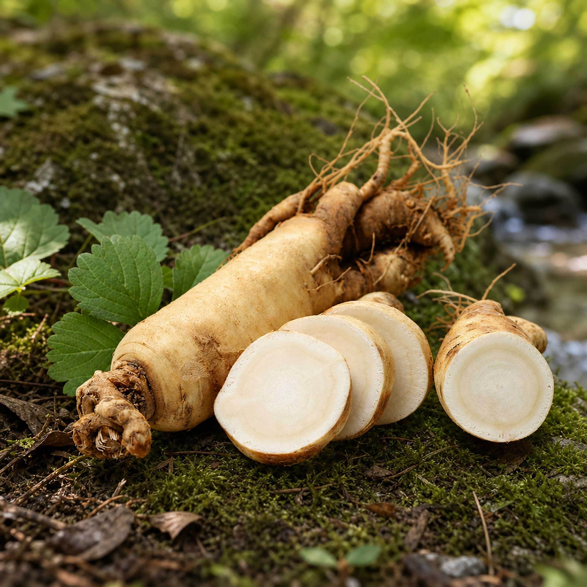 Ginsengwurzel, ganz und in Scheiben geschnitten, mit Wurzeln und Blättern, auf moosbewachsenem Stein.