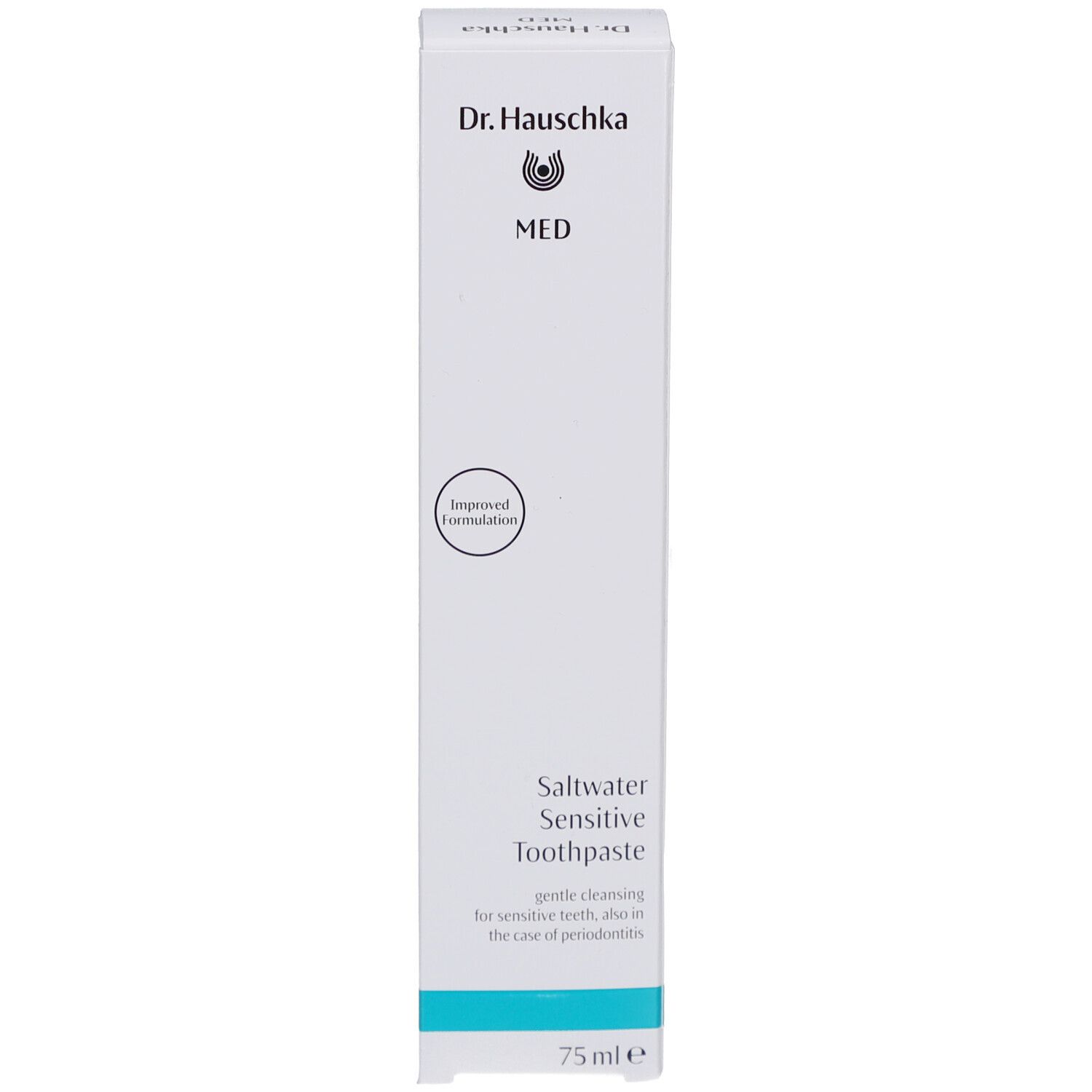 Schachtel mit Text. Aufschrift: Dr. Hauschka MED, Saltwater Sensitive Toothpaste, 75 ml. Enthält Informationen zum Produkt.