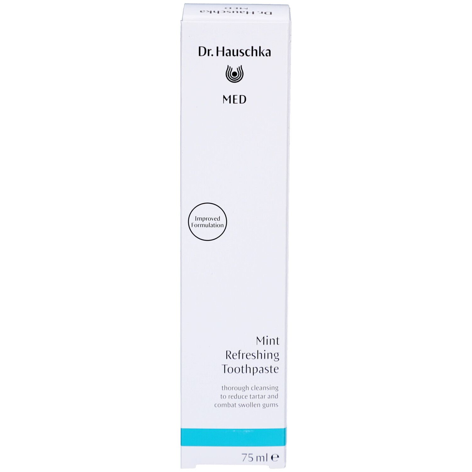 Weiße Schachtel mit blauer Schrift. Aufschrift: Dr. Hauschka MED, Mint Refreshing Toothpaste. Enthält Informationen zum Produkt.