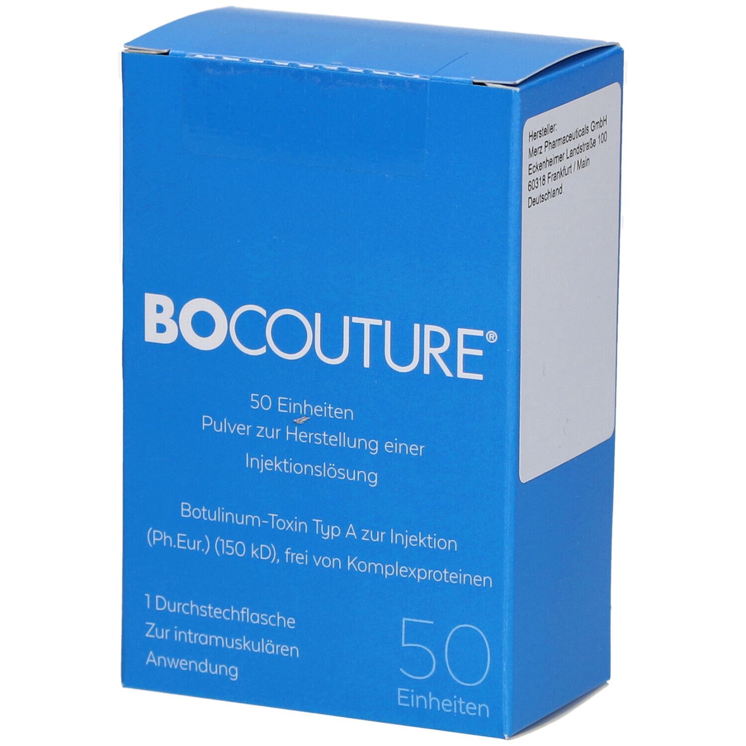 Blaue Faltschachtel mit weißer Schrift: BOCOUTURE, 50 Einheiten. Enthält Botulinum-Toxin Typ A zur Injektion.