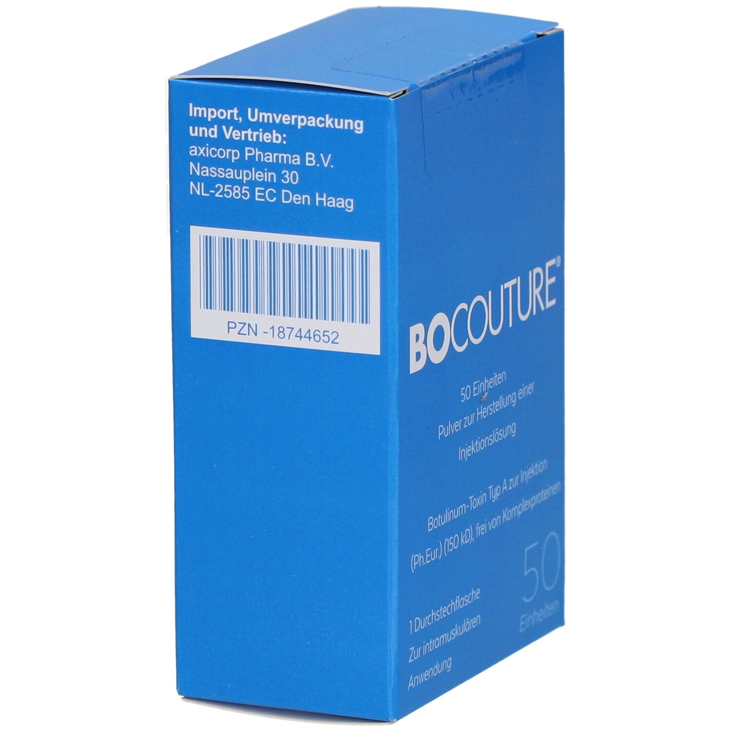 Blaue Faltschachtel. Aufdruck: BOCOUTURE, 50 Einheiten. Enthält Botulinum-Toxin Typ A zur Injektion. Barcode und Adresse.