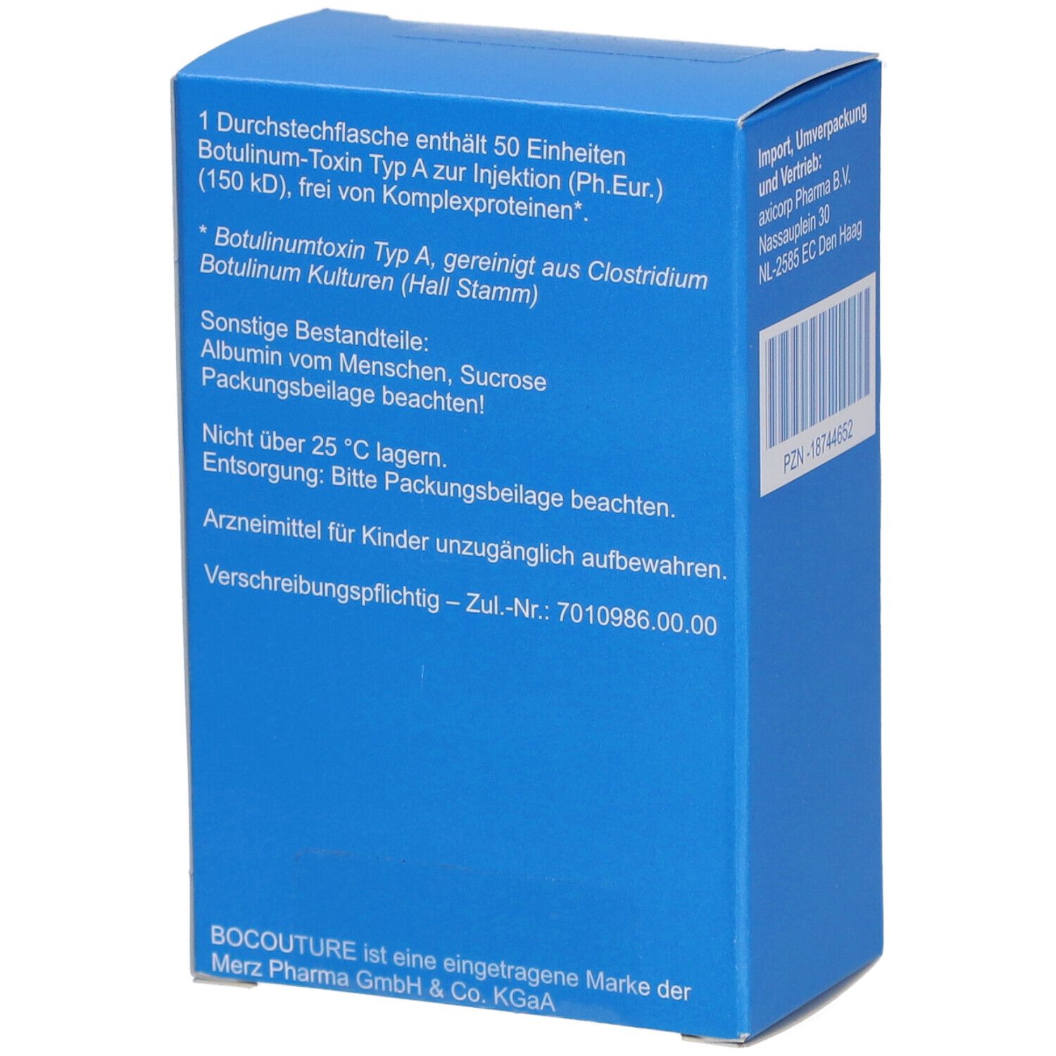 Blaue Faltschachtel. Aufdruck: BOCOUTURE, 50 Einheiten. Enthält Botulinum-Toxin Typ A zur Injektion. Text auf der Rückseite.