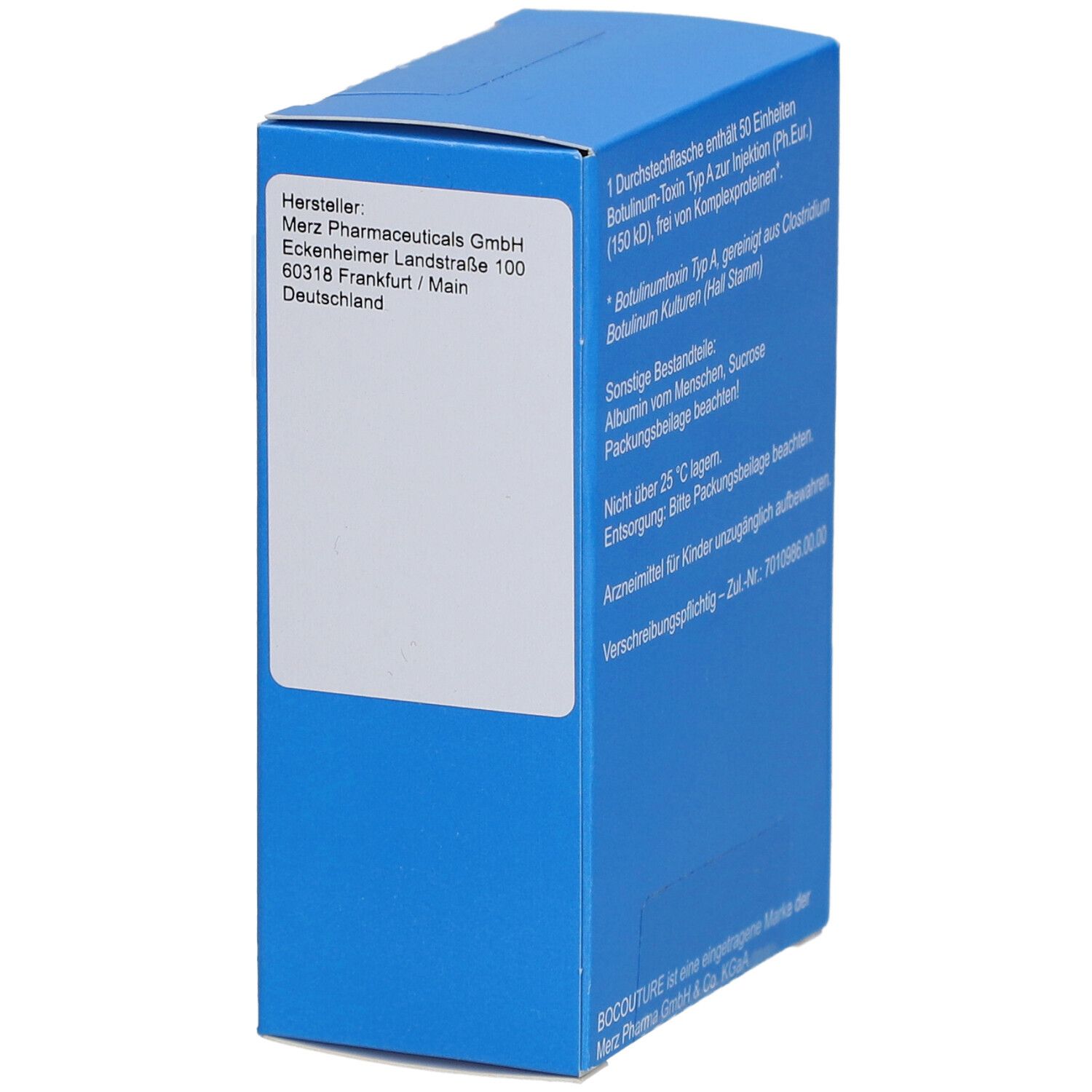 Blaue Faltschachtel. Aufdruck: BOCOUTURE, 50 Einheiten. Enthält Botulinum-Toxin Typ A zur Injektion. Text auf der Seite.