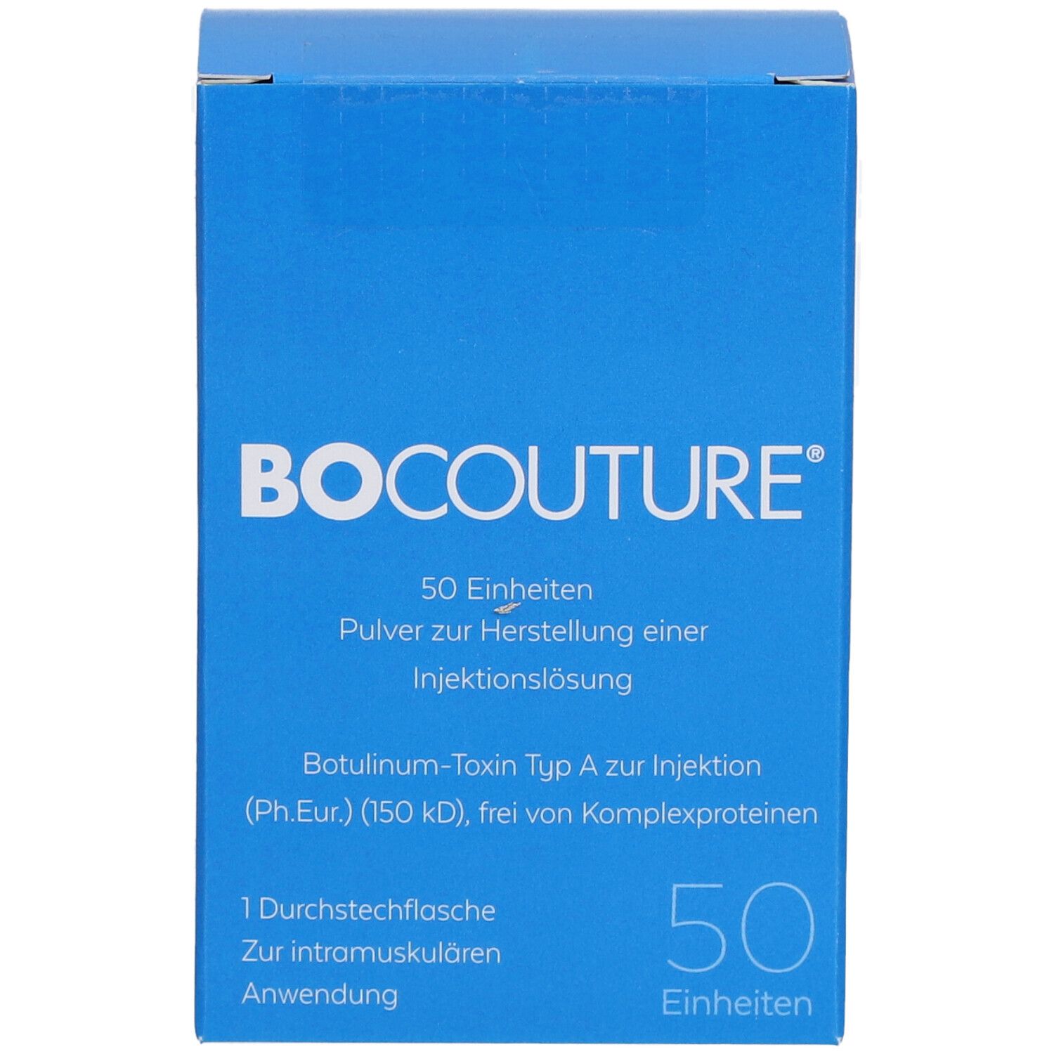 Blaue Faltschachtel mit weißer Schrift: BOCOUTURE, 50 Einheiten. Enthält Botulinum-Toxin Typ A zur Injektion.