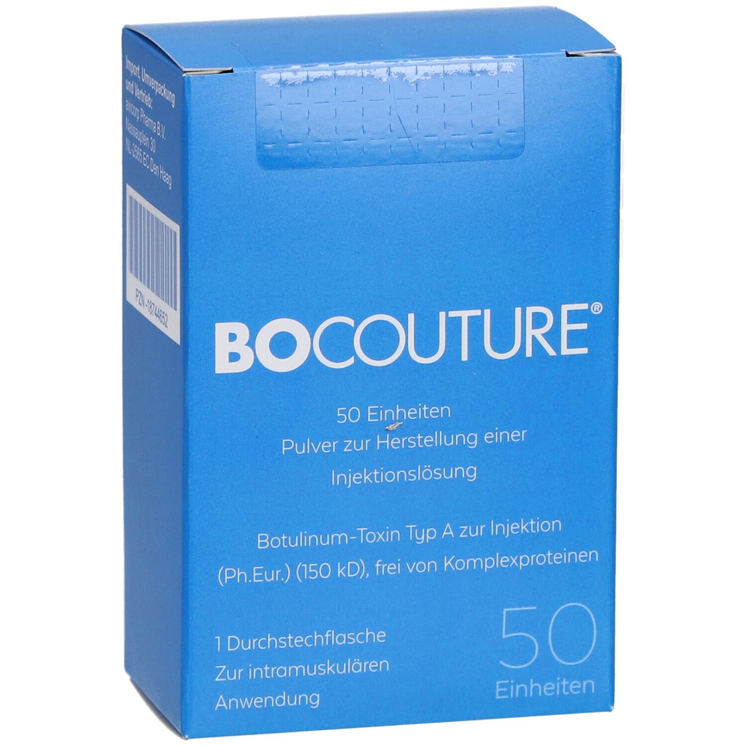 Blaue Faltschachtel mit weißer Schrift: BOCOUTURE, 50 Einheiten. Enthält Botulinum-Toxin Typ A zur Injektion.