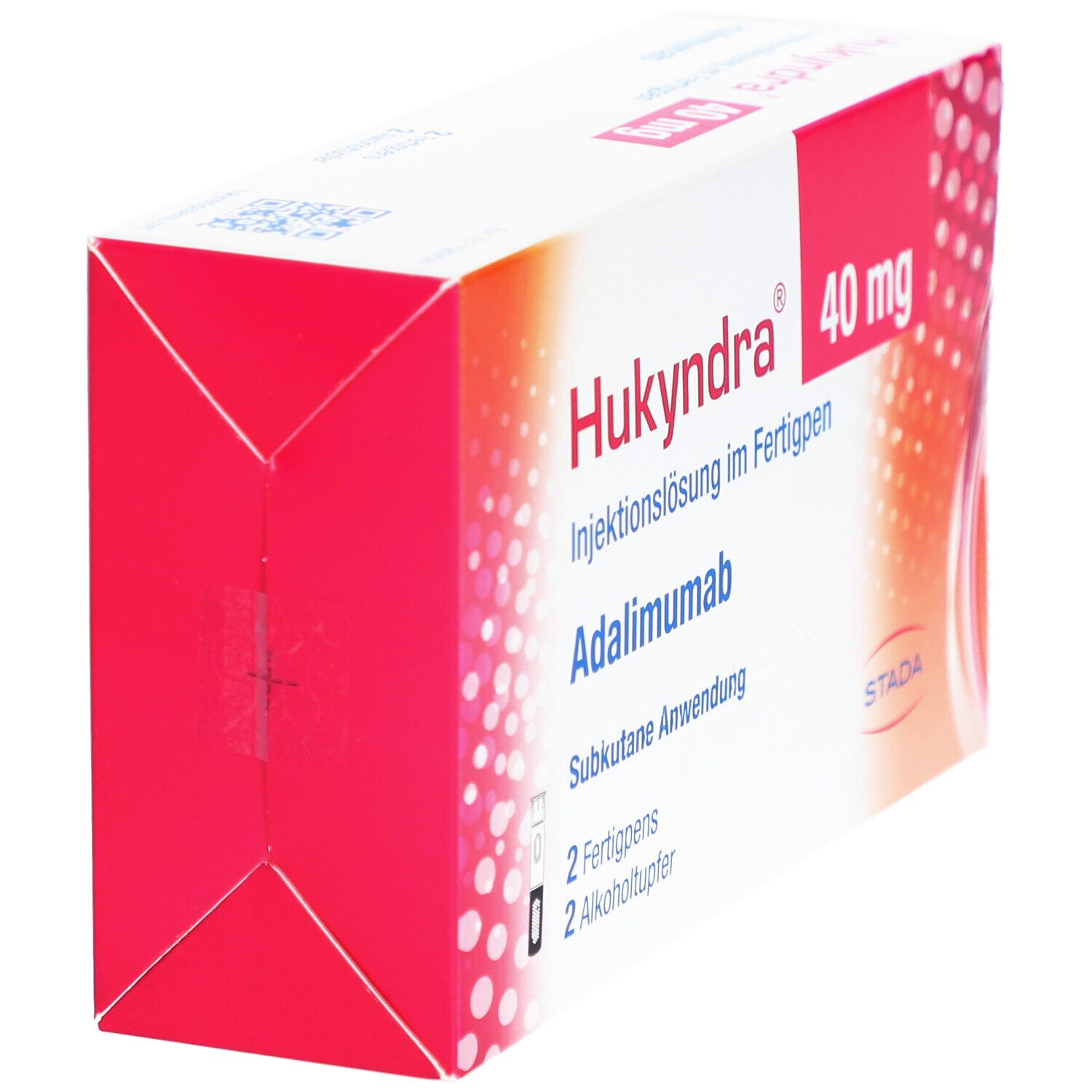 Seitenansicht der Hukyndra-Verpackung. Rosa und weiße Farbgebung. Text: Hukyndra, 40 mg, Injektionslösung im Fertigpen, Adalimumab.