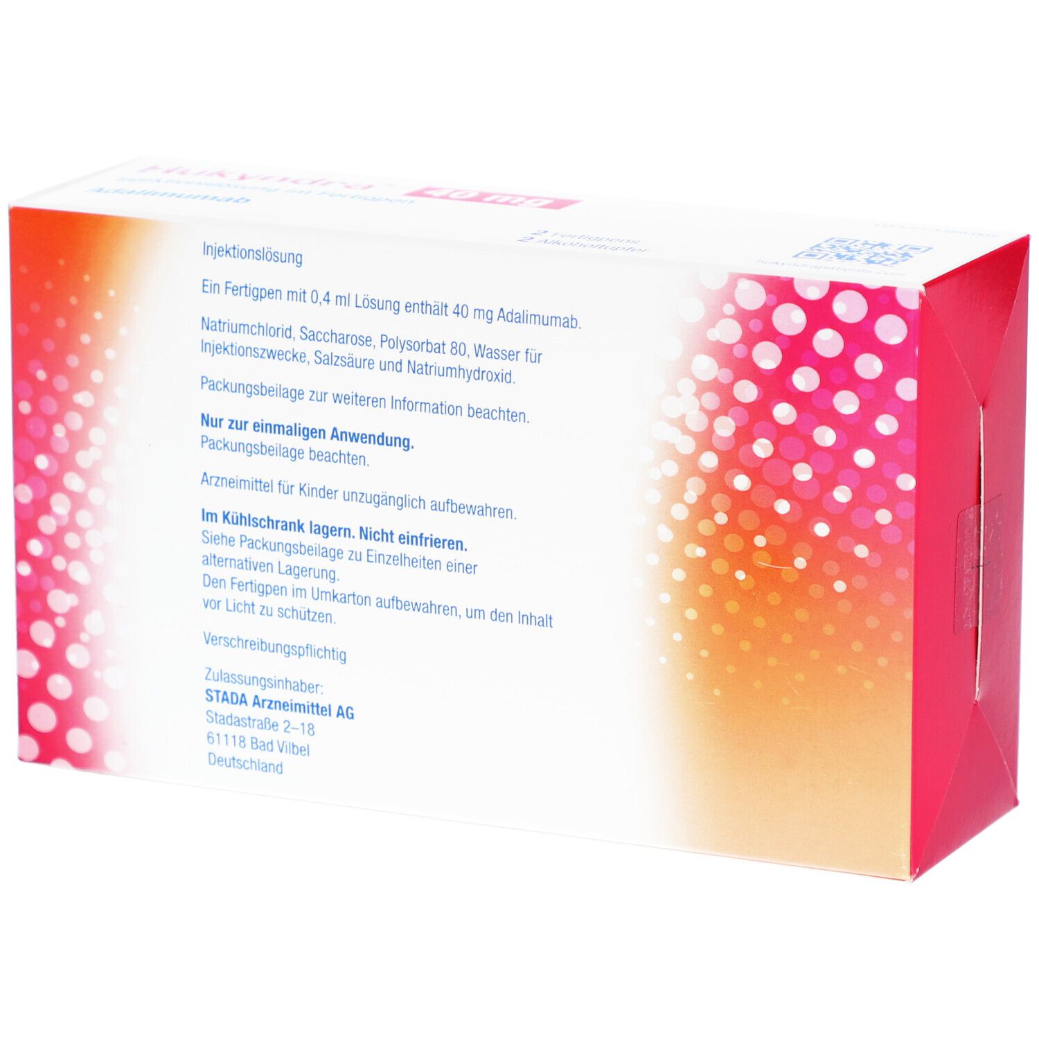 Rückseite der Hukyndra-Verpackung. Textliche Informationen und STADA-Logo. Farbverlauf von Orange nach Weiß mit rosa Punkten.