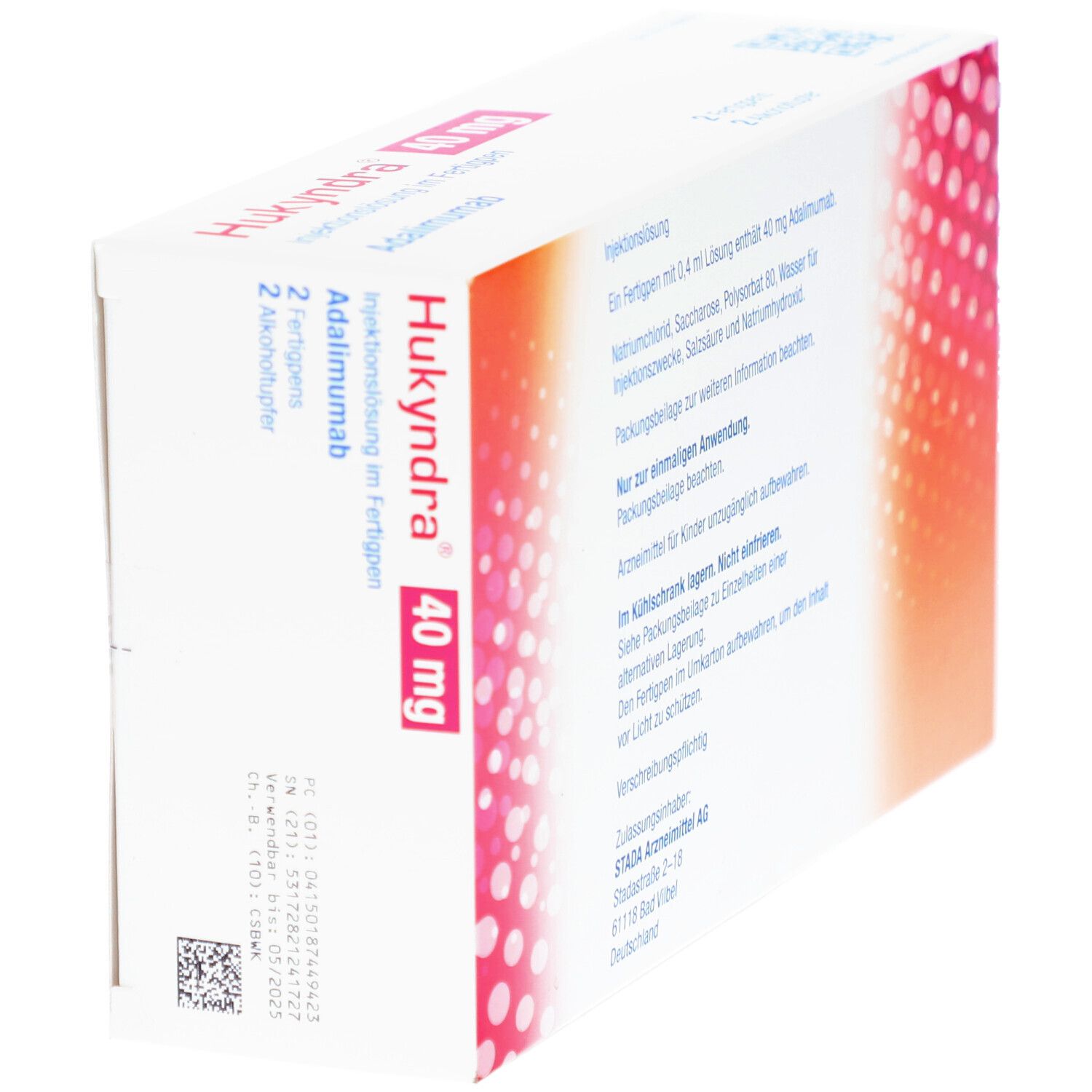 Schräge Ansicht der Hukyndra-Verpackung. Text: Hukyndra, 40 mg, Injektionslösung im Fertigpen, Adalimumab. STADA-Logo.