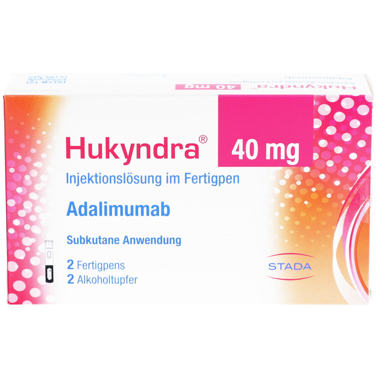 Hukyndra-Verpackung. Enthält 2 Fertigpens und 2 Alkoholtupfer. Text: 40 mg, Injektionslösung im Fertigpen, Adalimumab. STADA-Logo.