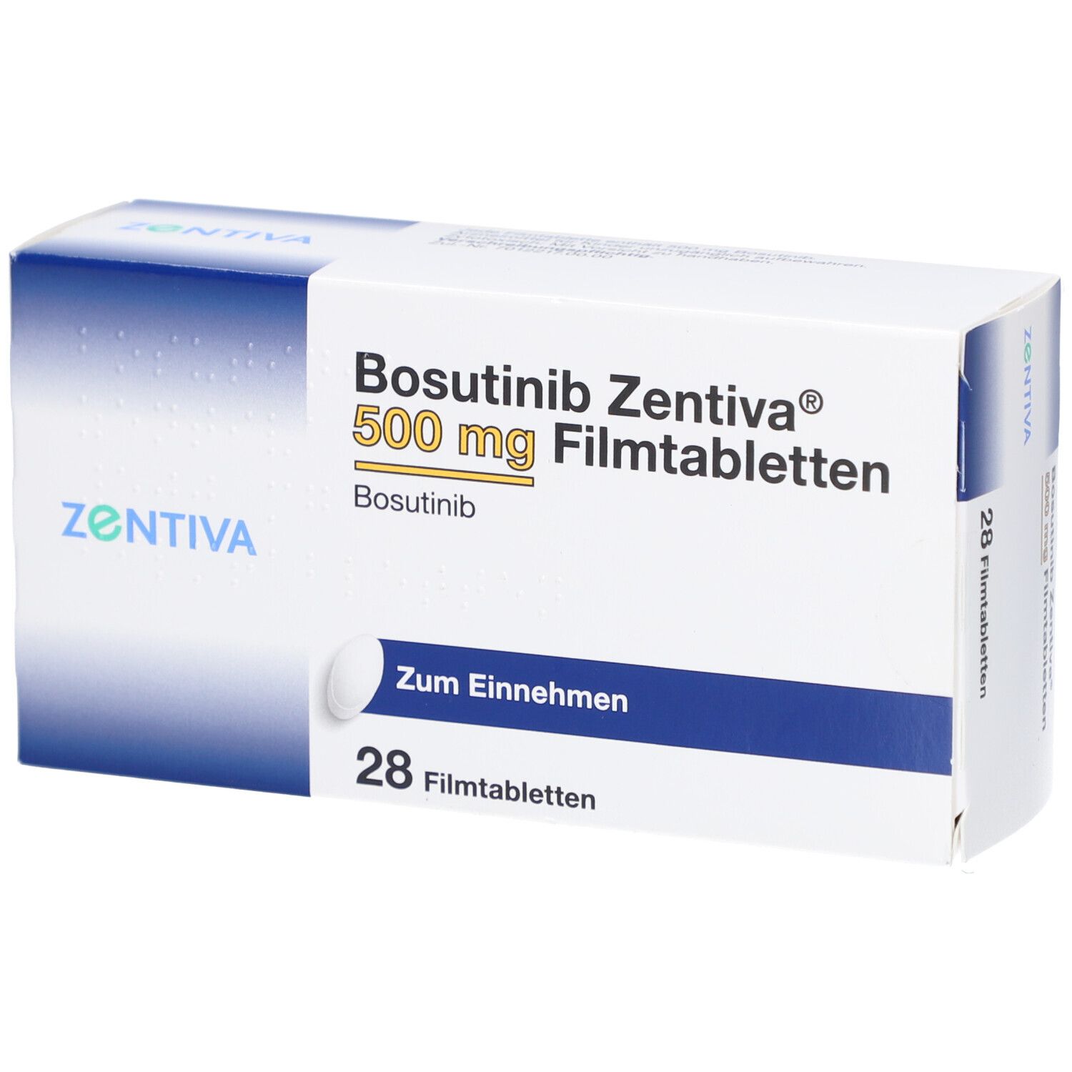 Schachtel mit Bosutinib Zentiva 500 mg Filmtabletten. 28 Tabletten. Zum Einnehmen. Zentiva Logo.