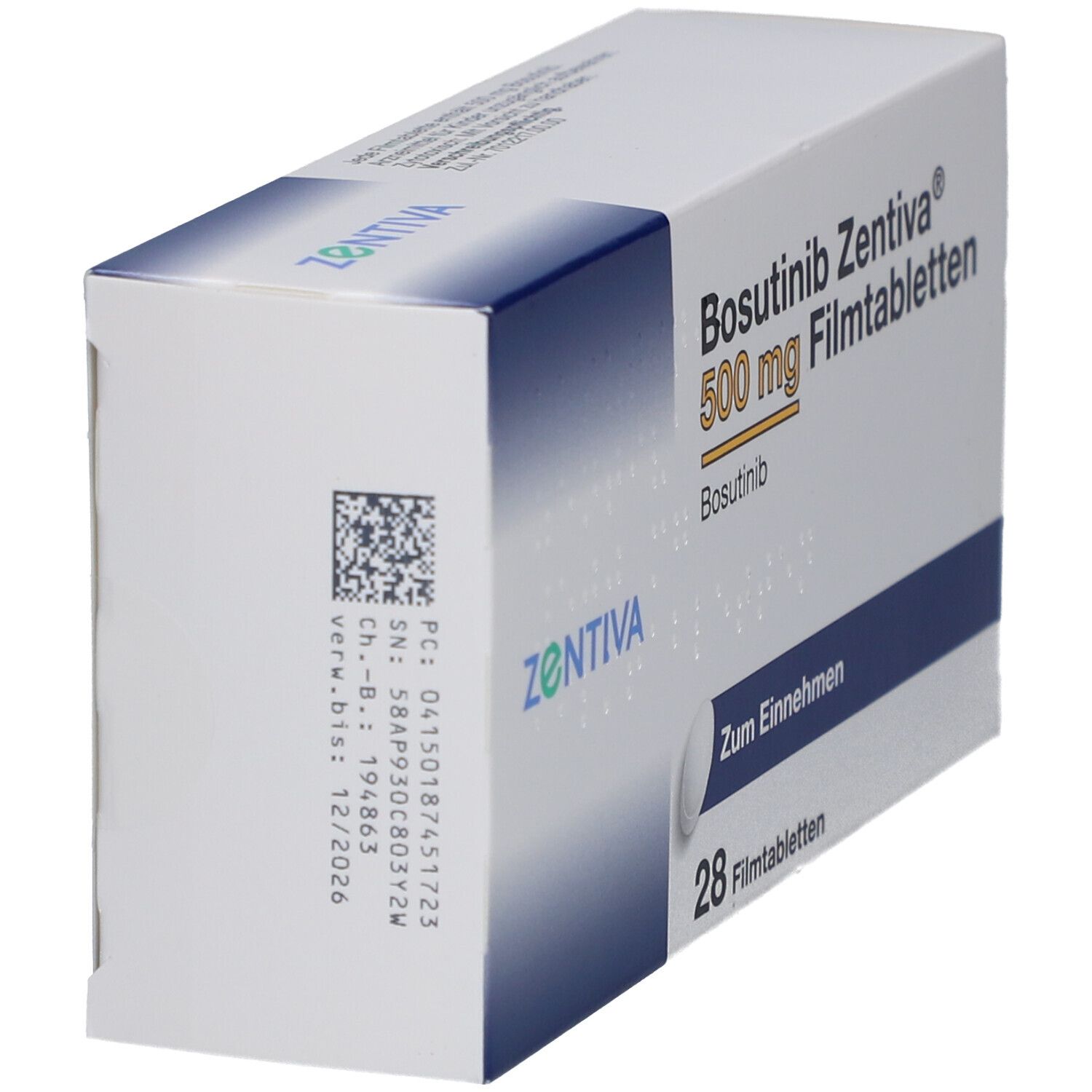 Schachtel mit Bosutinib Zentiva 500 mg Filmtabletten. 28 Tabletten. Barcode und Chargennummer. Zentiva Logo.