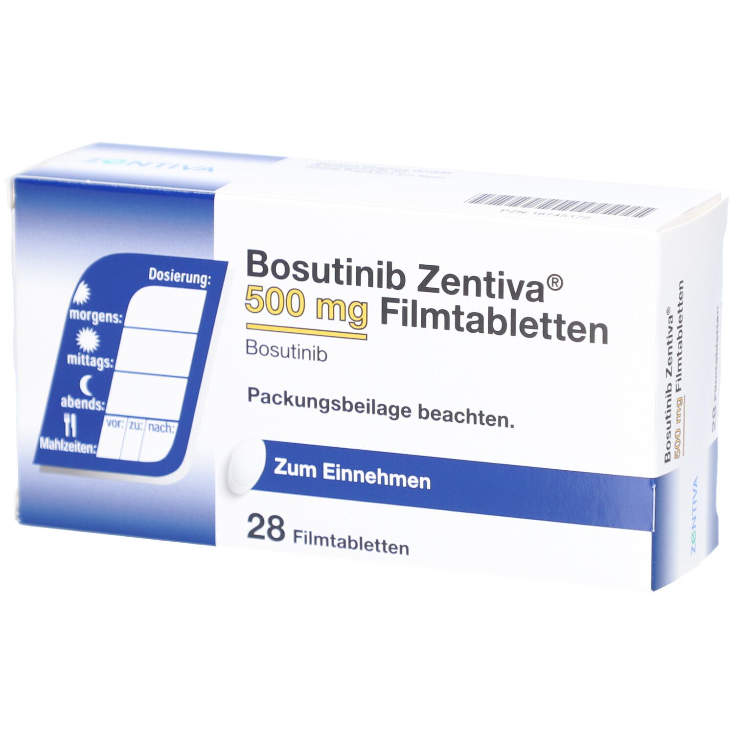 Schachtel mit Bosutinib Zentiva 500 mg Filmtabletten. 28 Tabletten. Dosierungshinweise. Zum Einnehmen. Zentiva Logo.