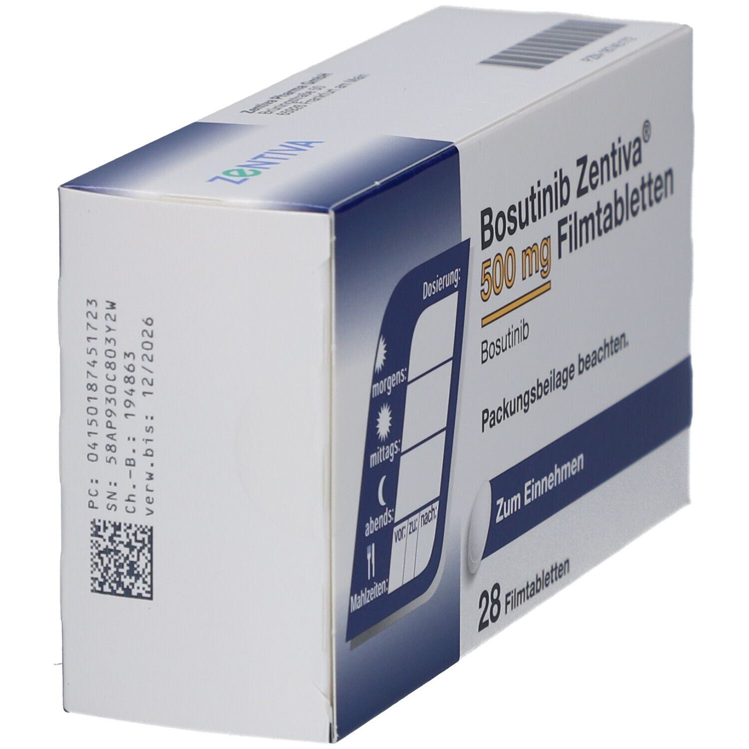 Schachtel mit Bosutinib Zentiva 500 mg Filmtabletten. 28 Tabletten. Dosierungshinweise. Barcode. Zentiva Logo.