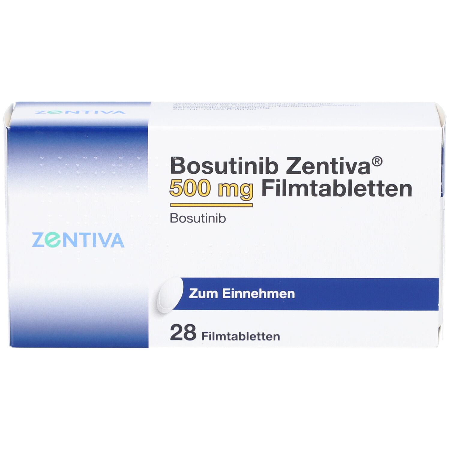 Schachtel mit Bosutinib Zentiva 500 mg Filmtabletten. 28 Tabletten. Zum Einnehmen. Zentiva Logo.