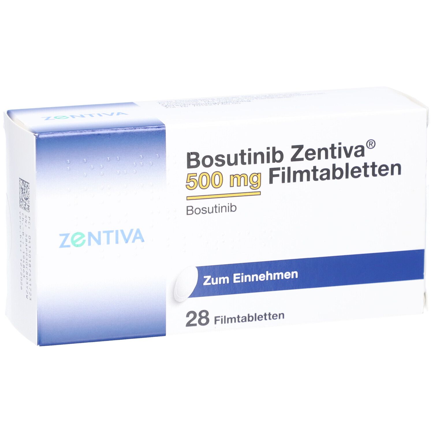 Schachtel mit Bosutinib Zentiva 500 mg Filmtabletten. 28 Tabletten. Zum Einnehmen. Zentiva Logo.