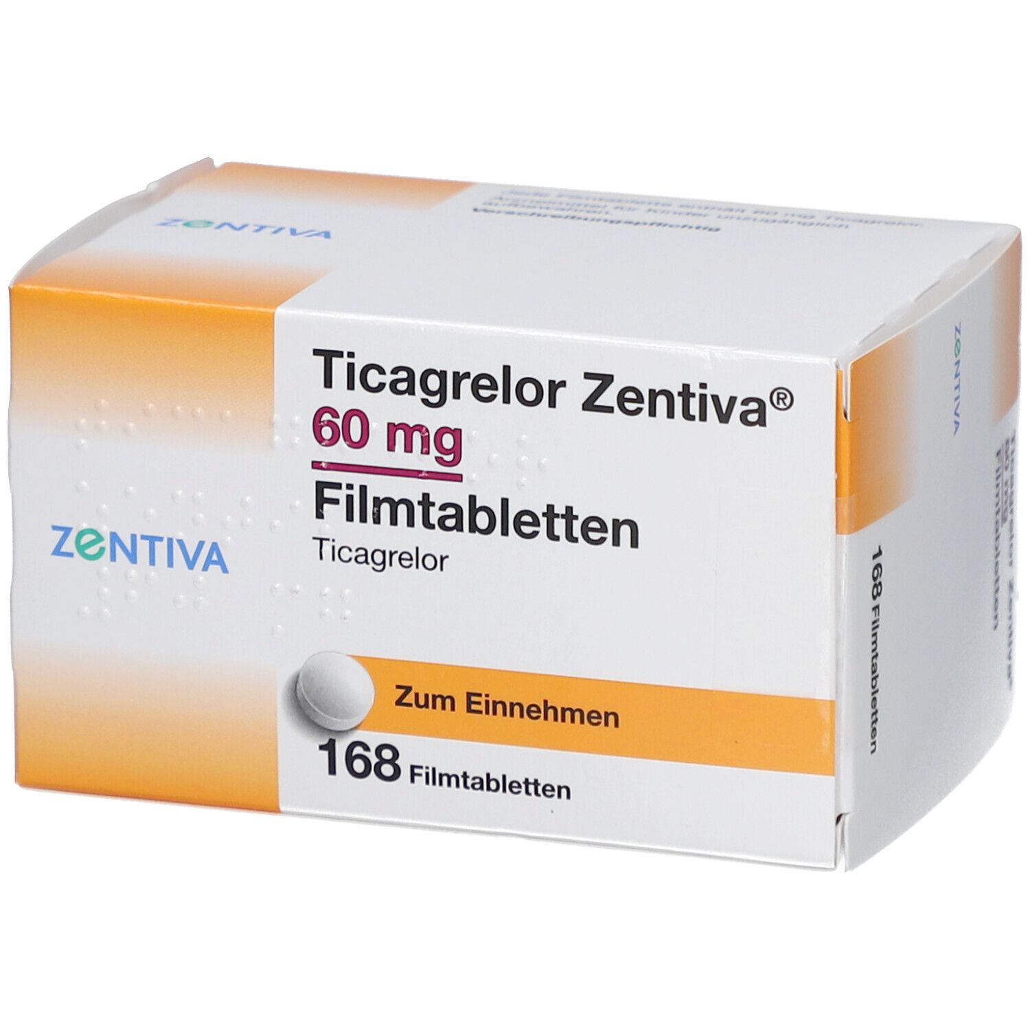 Schachtel mit Ticagrelor Zentiva 60 mg Filmtabletten. Enthält 168 Tabletten. Aufschrift: Zum Einnehmen.