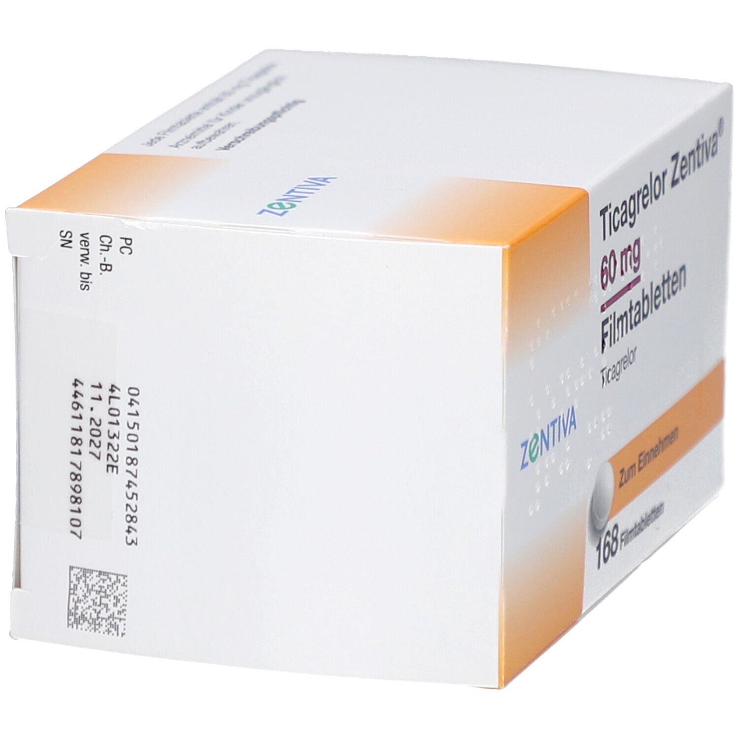 Seitenansicht der Schachtel mit Ticagrelor Zentiva 60 mg Filmtabletten. Enthält 168 Tabletten. Text und Barcode.