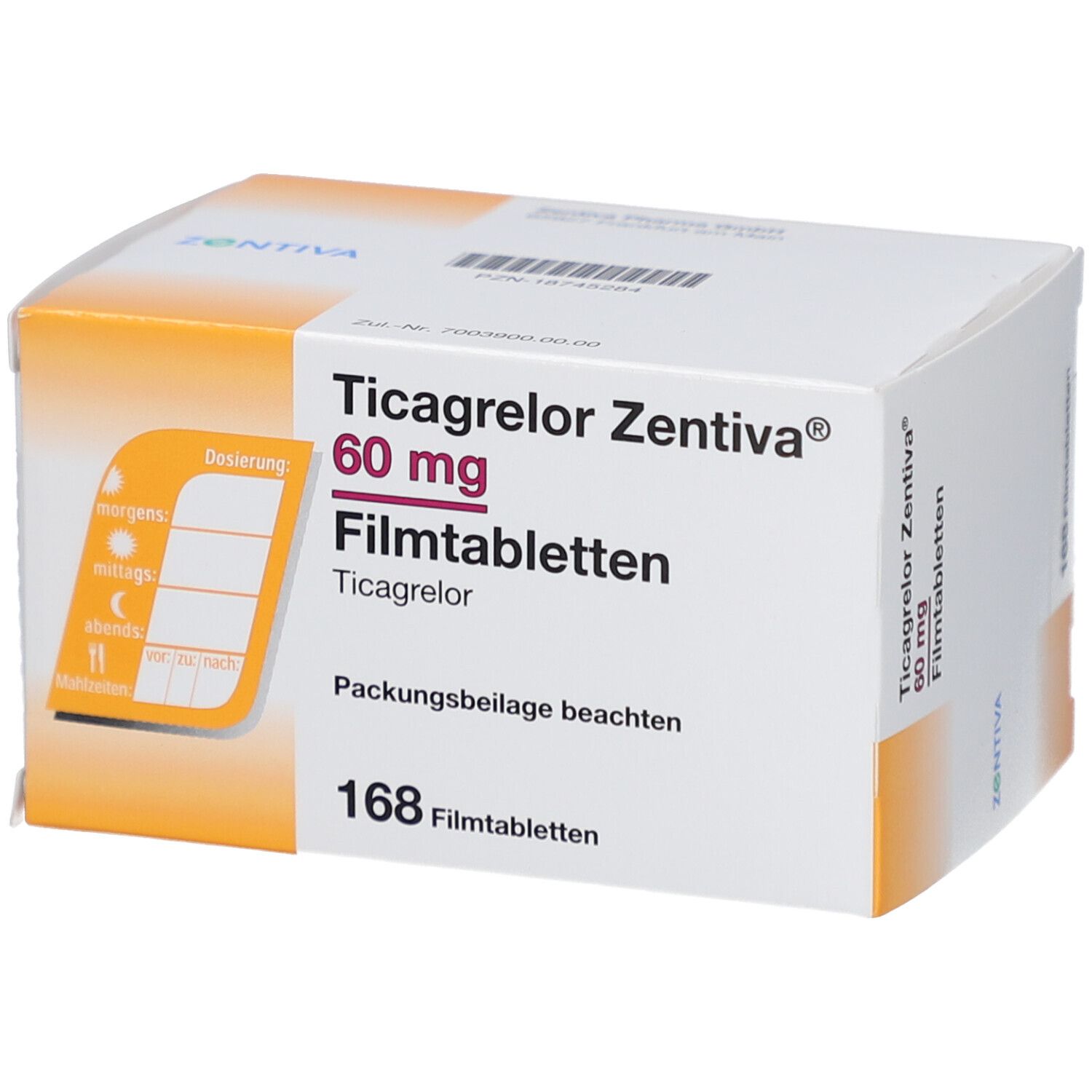 Schachtel mit Ticagrelor Zentiva 60 mg Filmtabletten. Enthält 168 Tabletten. Dosierungsplan auf der Seite.