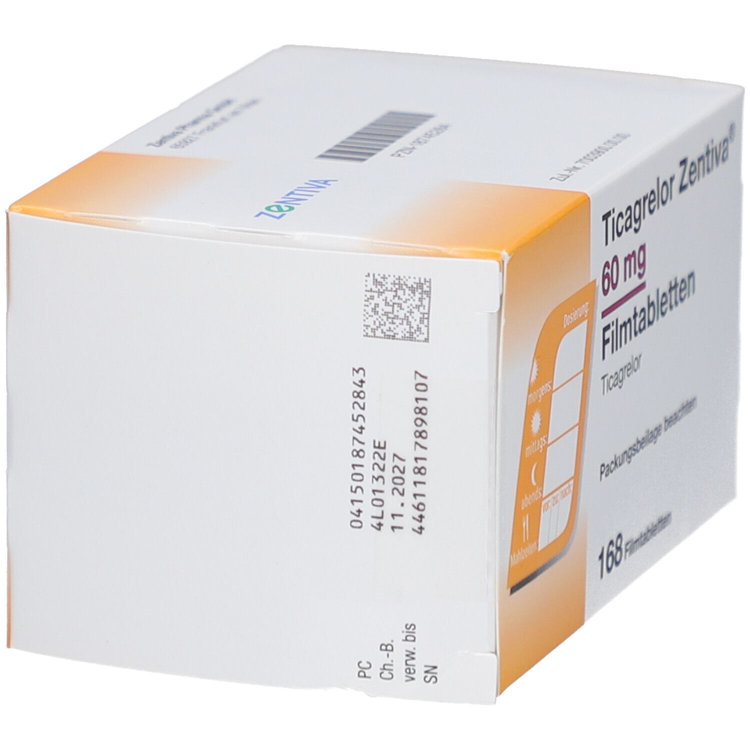 Seitenansicht der Schachtel mit Ticagrelor Zentiva 60 mg Filmtabletten. Enthält 168 Tabletten. Text und Barcode.