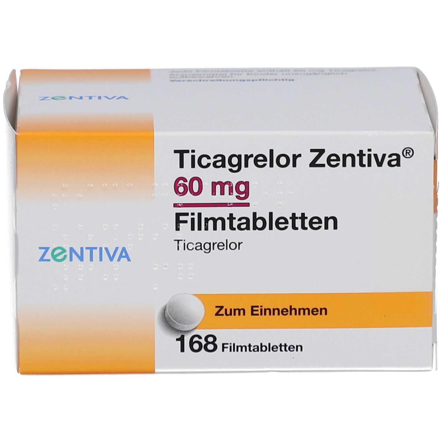Schachtel mit Ticagrelor Zentiva 60 mg Filmtabletten. Enthält 168 Tabletten. Aufschrift: Zum Einnehmen.