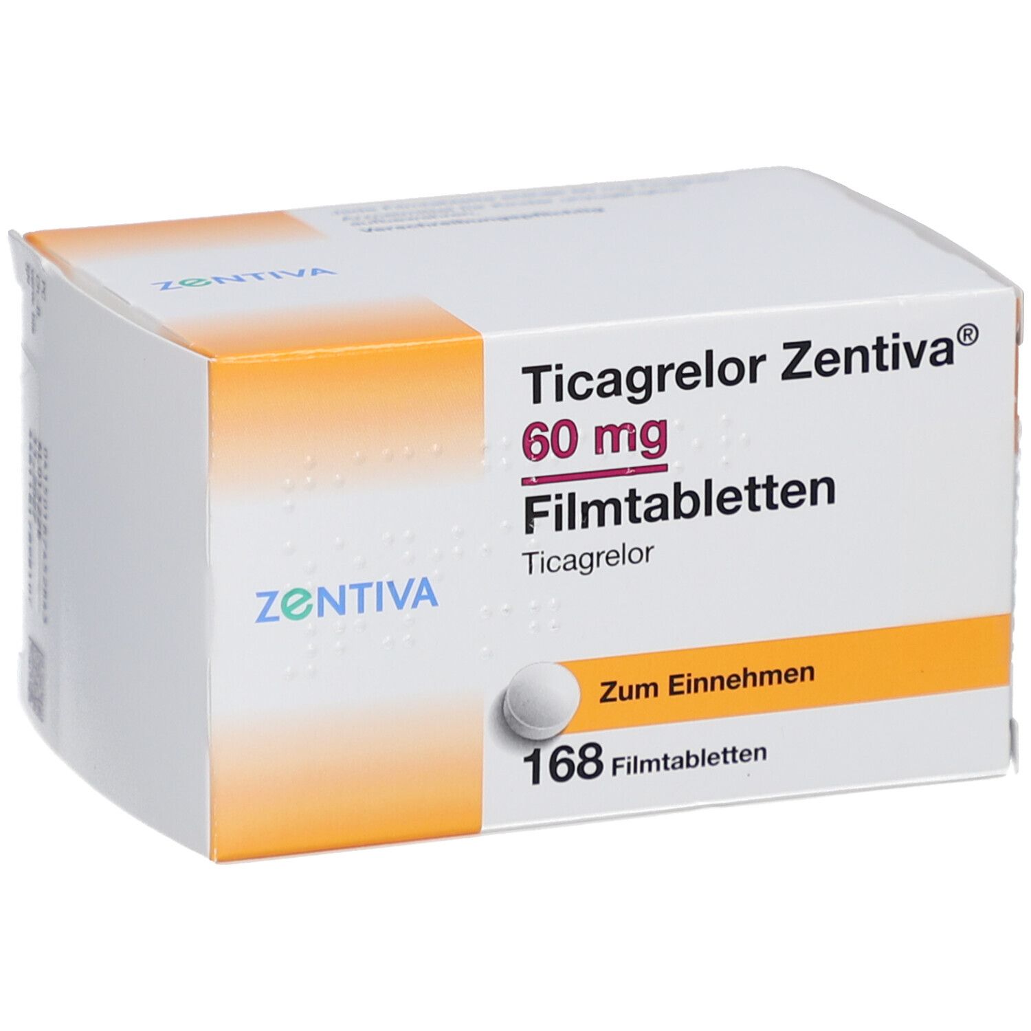 Schachtel mit Ticagrelor Zentiva 60 mg Filmtabletten. Enthält 168 Tabletten. Aufschrift: Zum Einnehmen.