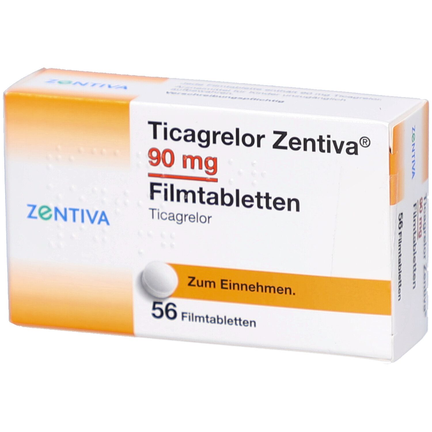 Schachtel mit Ticagrelor Zentiva 90 mg Filmtabletten. Enthält 56 Tabletten. Aufschrift: Zum Einnehmen.