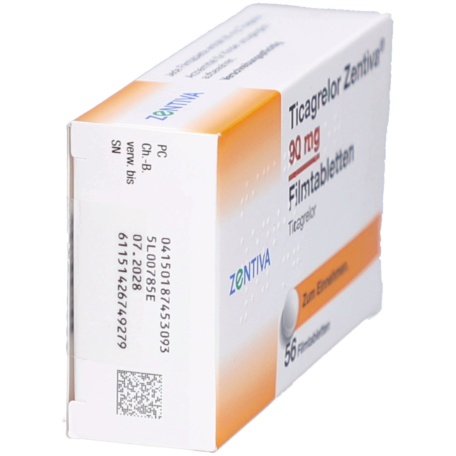 Schachtel mit Ticagrelor Zentiva 90 mg Filmtabletten. Seitenansicht mit Chargennummer und Verfallsdatum.