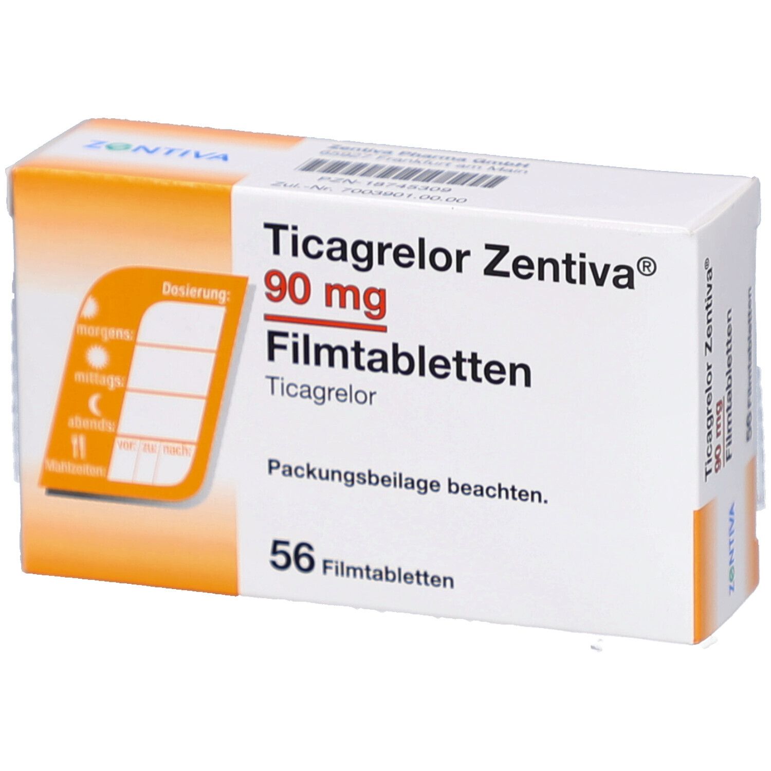 Schachtel mit Ticagrelor Zentiva 90 mg Filmtabletten. Enthält 56 Tabletten. Mit Dosierungsanleitung.