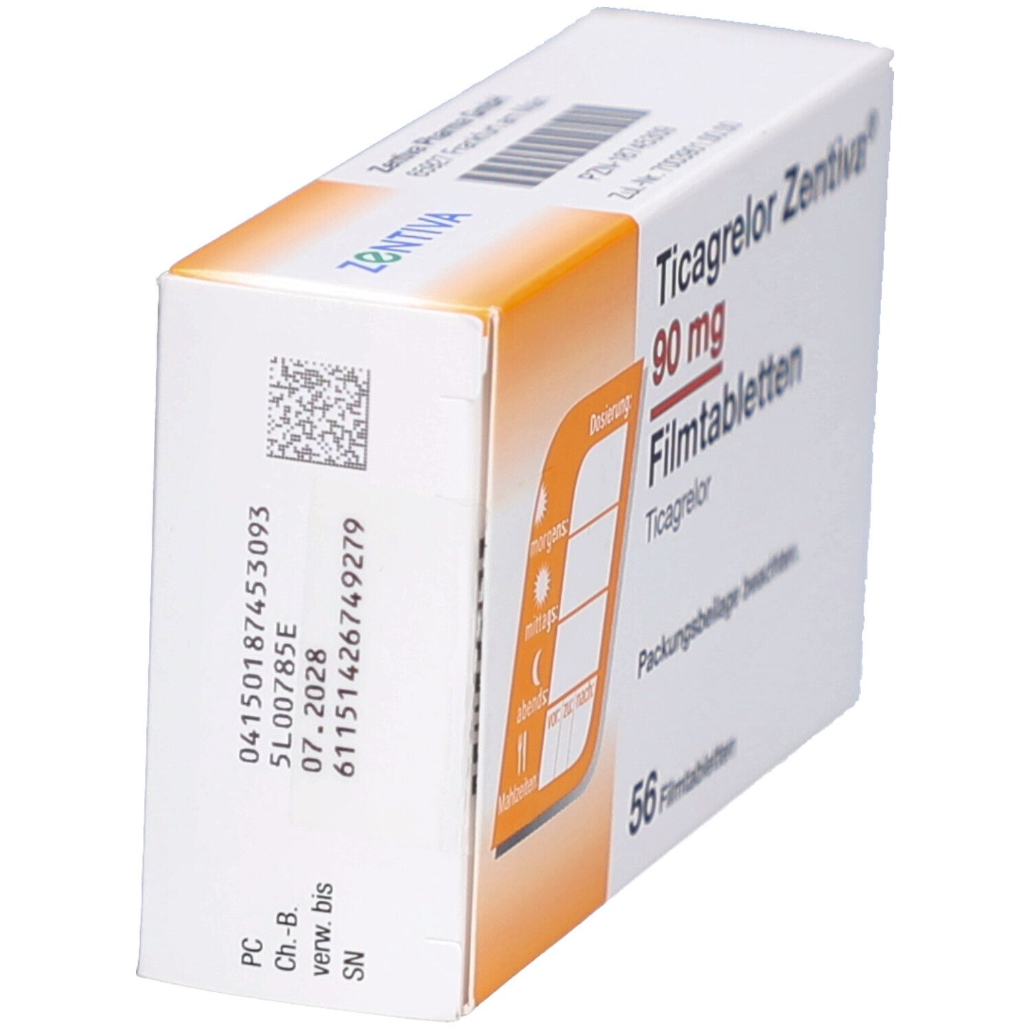 Schachtel mit Ticagrelor Zentiva 90 mg Filmtabletten. Seitenansicht mit Chargennummer und Verfallsdatum.