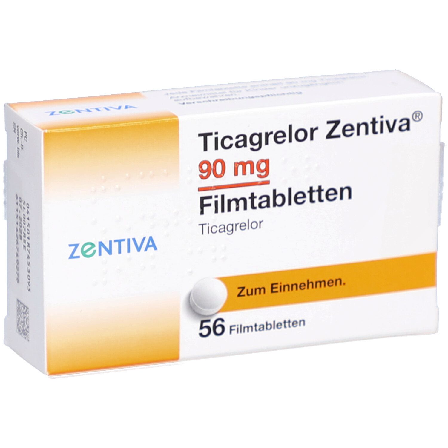 Schachtel mit Ticagrelor Zentiva 90 mg Filmtabletten. Enthält 56 Tabletten. Aufschrift: Zum Einnehmen.