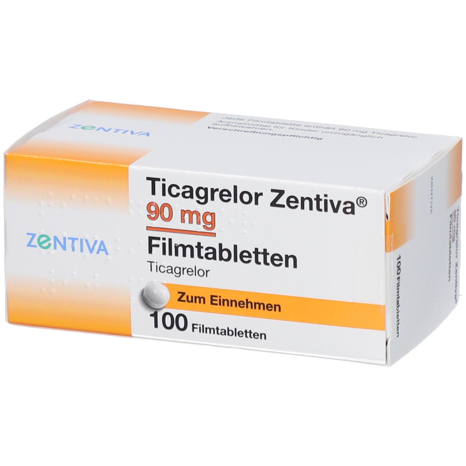 Schachtel mit Ticagrelor Zentiva 90 mg Filmtabletten. 100 Tabletten. Zum Einnehmen. Zentiva Logo.