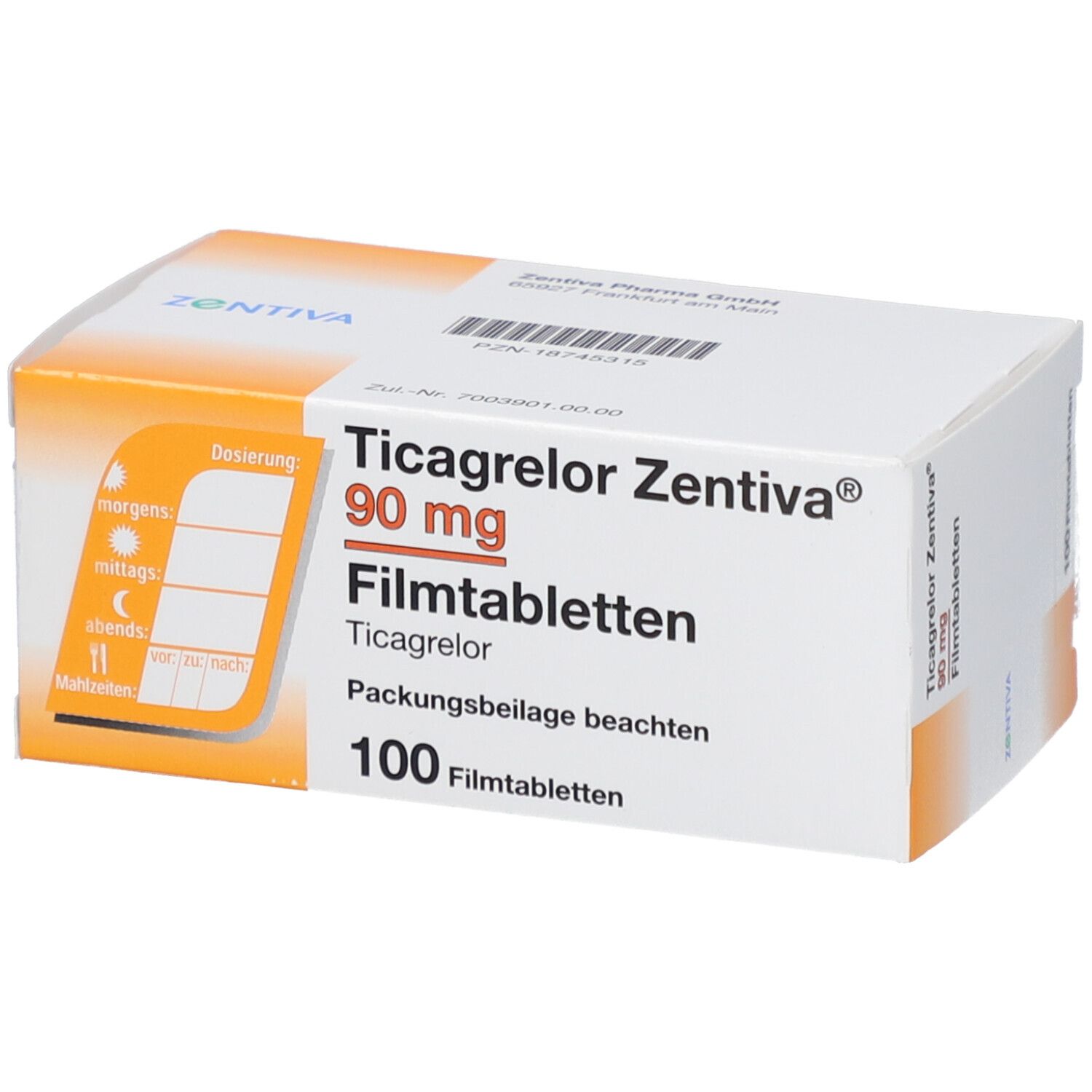 Schachtel mit Ticagrelor Zentiva 90 mg Filmtabletten. Dosierungshinweise. 100 Tabletten. Zentiva Logo.
