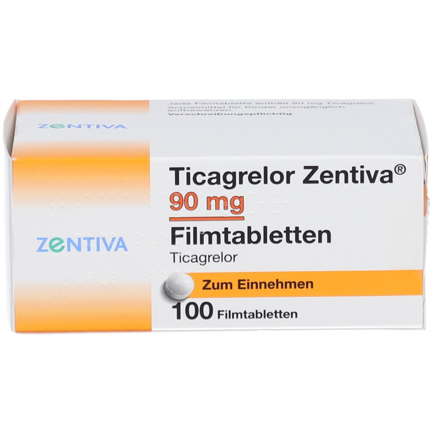 Schachtel mit Ticagrelor Zentiva 90 mg Filmtabletten. 100 Tabletten. Zum Einnehmen. Zentiva Logo.