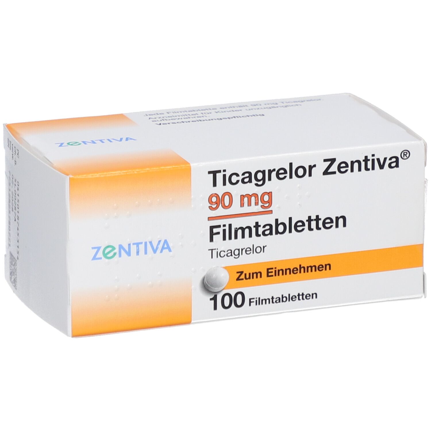Schachtel mit Ticagrelor Zentiva 90 mg Filmtabletten. 100 Tabletten. Zum Einnehmen. Zentiva Logo.