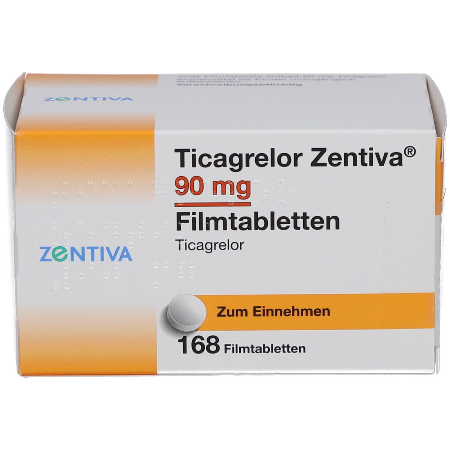 Schachtel mit Ticagrelor Zentiva 90 mg Filmtabletten. Enthält 168 Tabletten. Aufschrift: Zum Einnehmen.