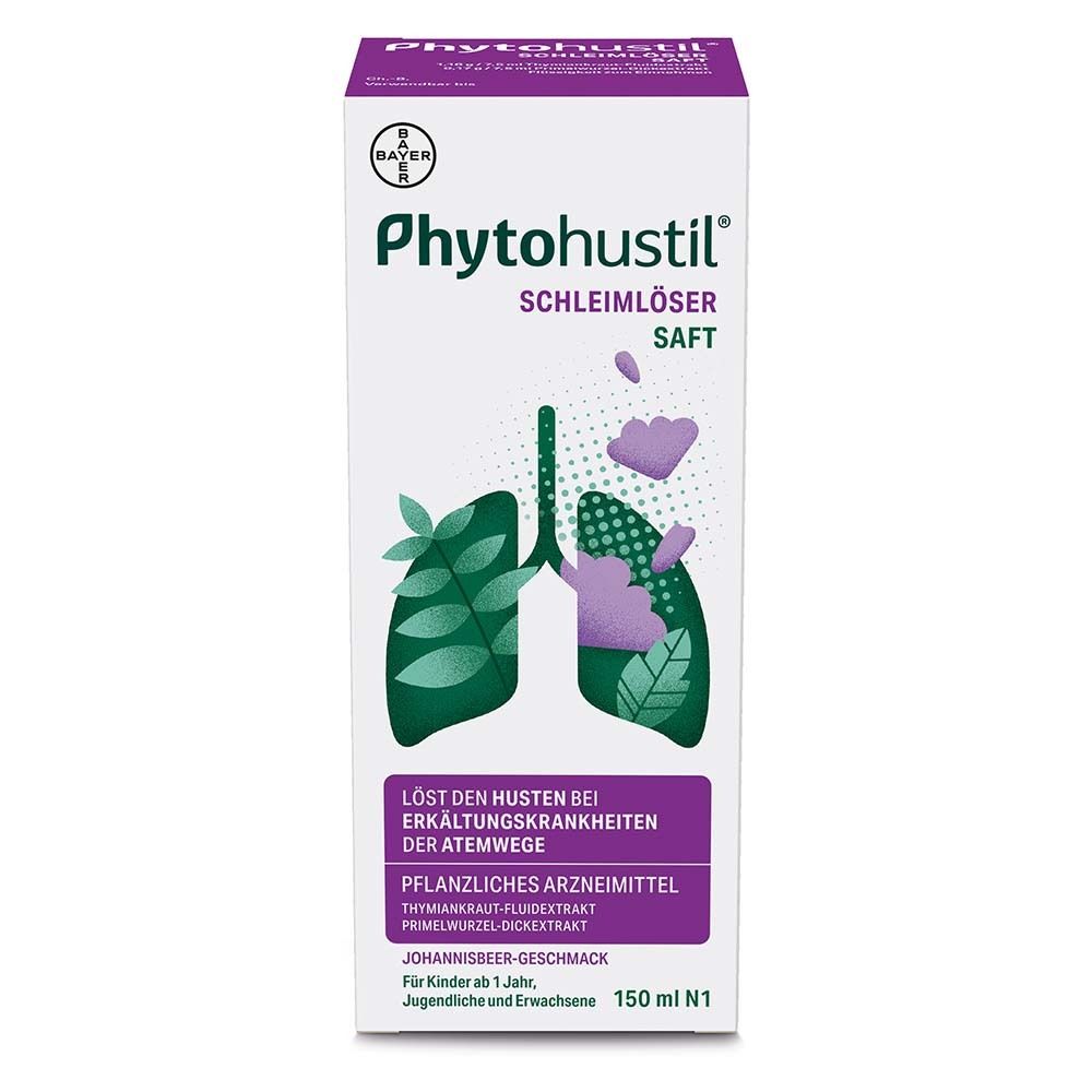 Schachtel mit Phytohustil® Schleimlöser Saft. Lila, weiß und grün. Text: Hustensaft, pflanzlich.