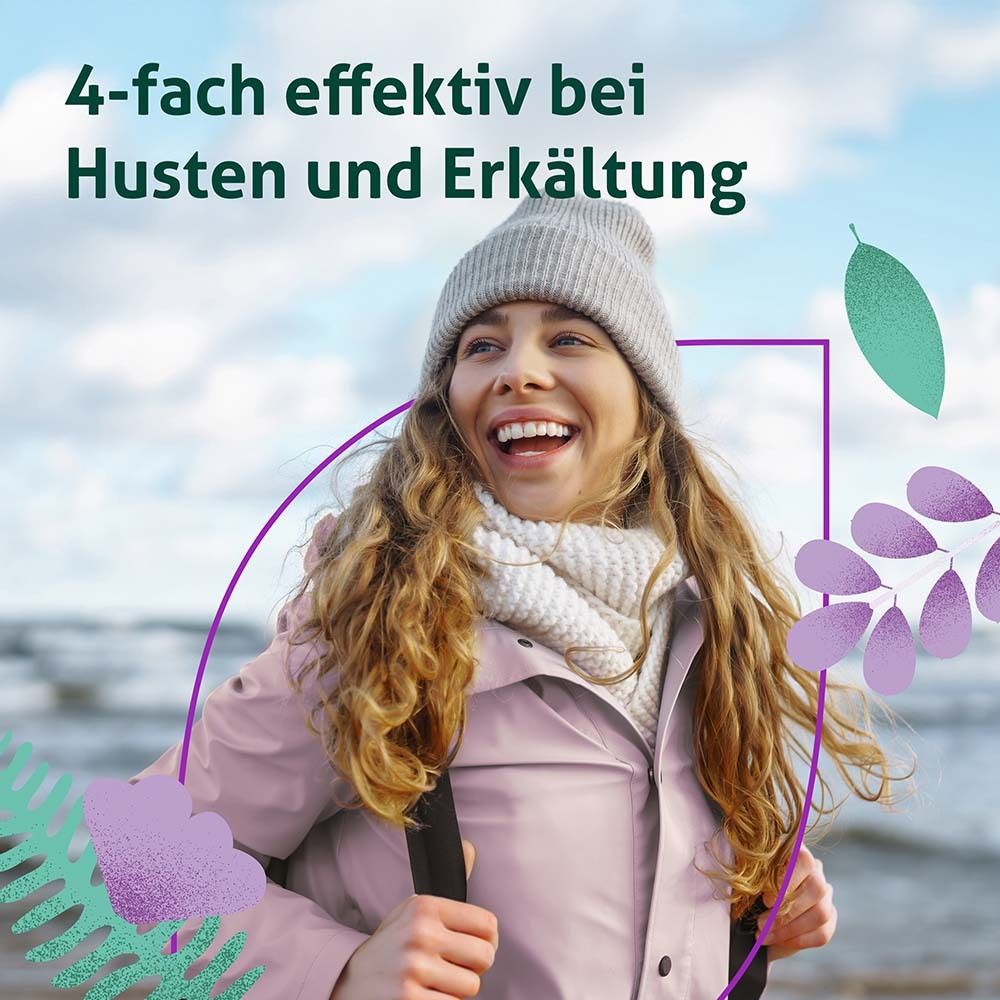 Junge Frau mit Mütze und Schal. Hintergrund: Meer. Text: 4-fach effektiv bei Husten und Erkältung.