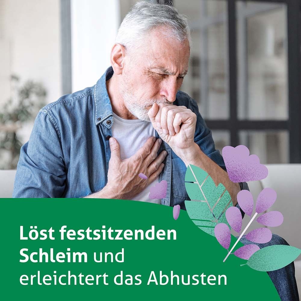 Älterer Mann hustet. Text: Löst festsitzenden Schleim und erleichtert das Abhusten.