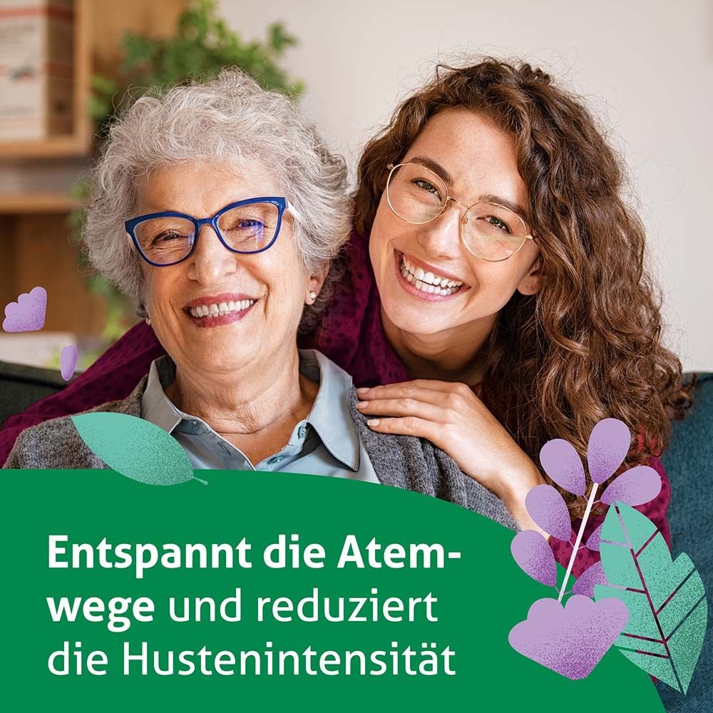 Zwei Frauen lächeln. Text: Entspannt die Atemwege und reduziert die Hustenintensität.