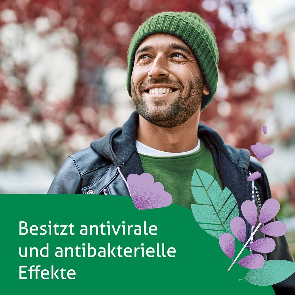 Mann lächelt. Text: Besitzt antivirale und antibakterielle Effekte.