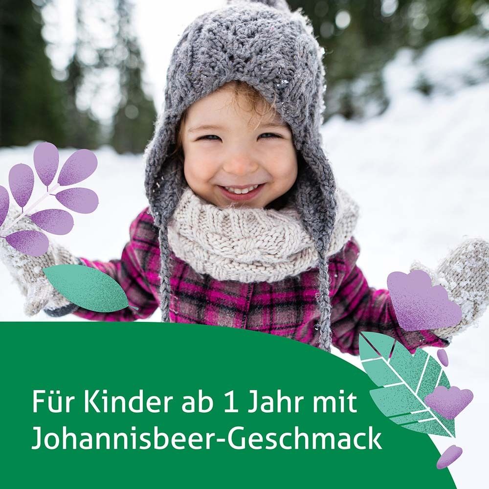 Kind im Schnee. Text: Für Kinder ab 1 Jahr mit Johannisbeer-Geschmack.