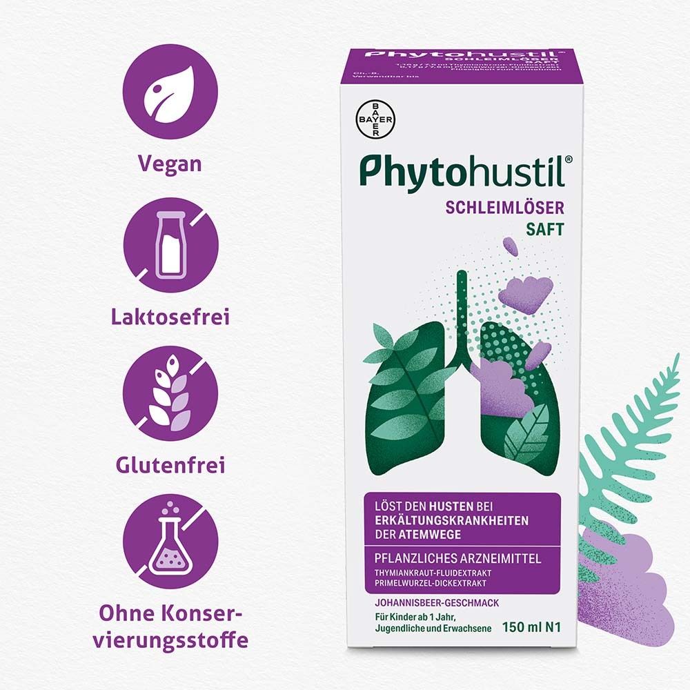 Schachtel mit Phytohustil® Saft. Logos: Vegan, laktosefrei, glutenfrei, ohne Konservierungsstoffe.