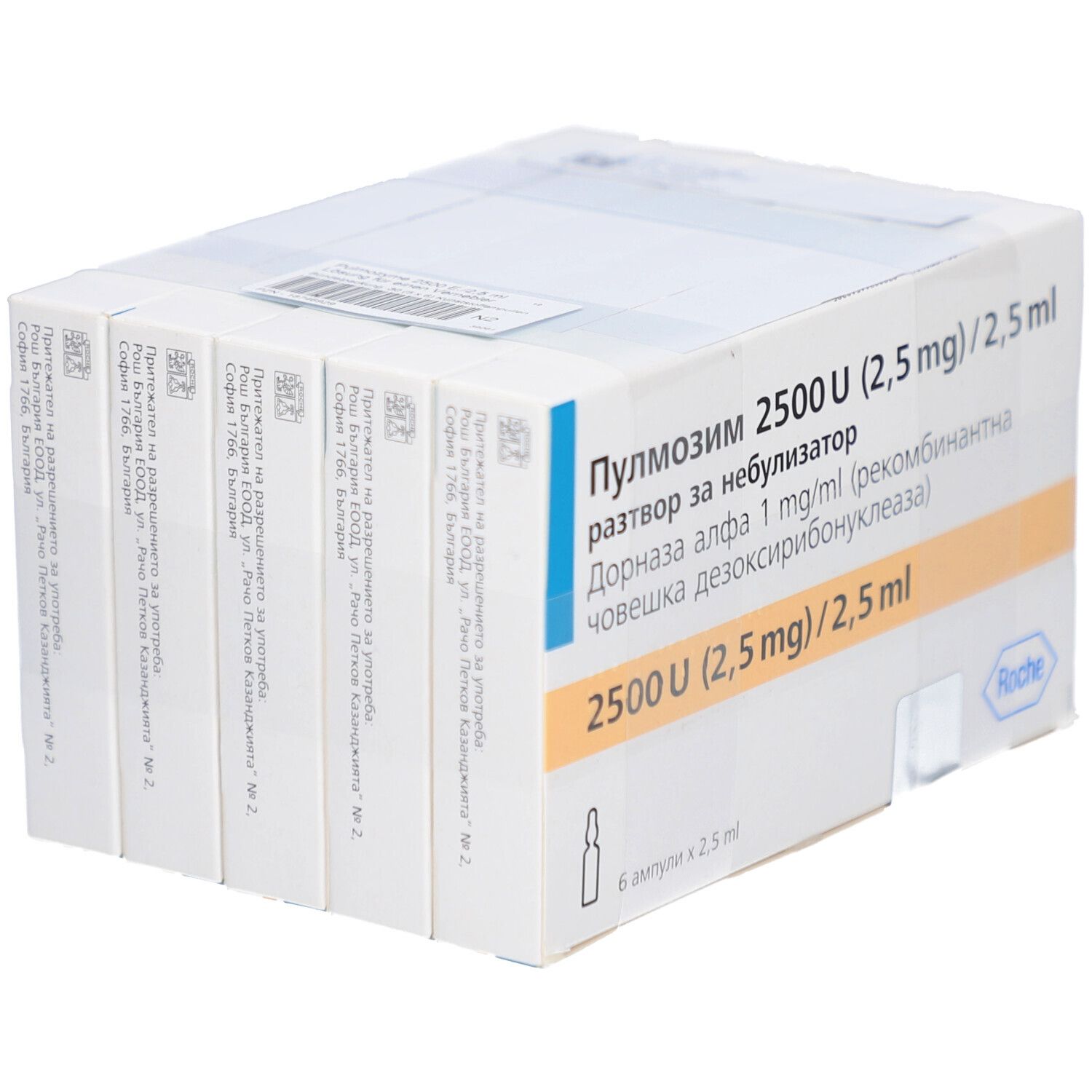 Packung mit Pulmozyme 2500 U (2,5 mg)/2,5 ml. Sechs Ampullen. Beschriftung in Weiß und Blau.