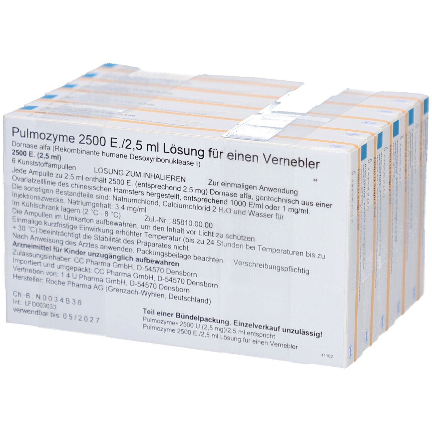 Packung mit Pulmozyme 2500 E./2,5 ml Lösung. Rückseite mit Text. Sechs Ampullen in einer Schachtel.