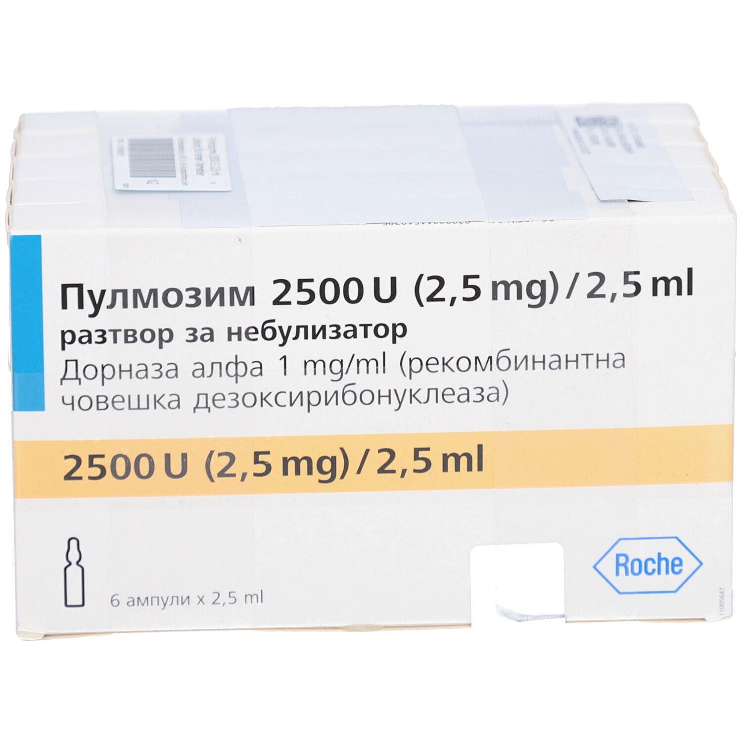 Packung mit Pulmozyme 2500 U (2,5 mg)/2,5 ml. Sechs Ampullen in einer Schachtel. Blaue und weiße Beschriftung.